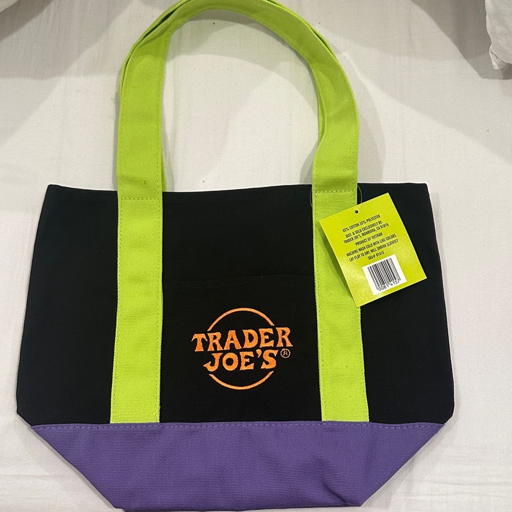 Trader Joe's Black and Purple Tote Bag with Green Handles